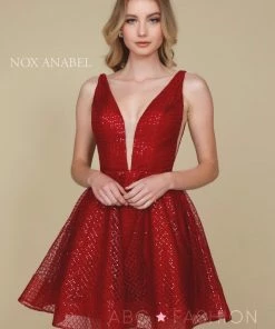 Prom Short Semi-Formal Glitter Dress With Deep V-Neck By Nox Anabel M634