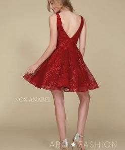 Prom Short Semi-Formal Glitter Dress With Deep V-Neck By Nox Anabel M634