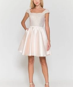 Short Sequin Bodice Cap Sleeve Dress By Poly USA 8732 Prom