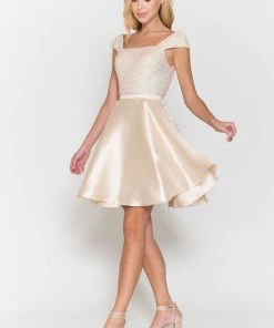 Short Sequin Bodice Cap Sleeve Dress By Poly USA 8732 Prom