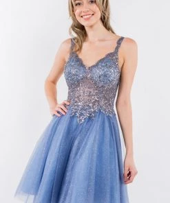 Short Sheer Bodice Glitter Dress By Elizabeth K GS1967