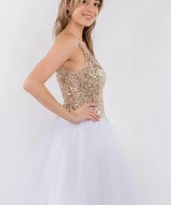 Short Sheer Bodice Glitter Dress By Elizabeth K GS1967