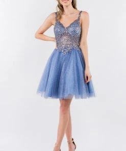 Short Sheer Bodice Glitter Dress By Elizabeth K GS1967