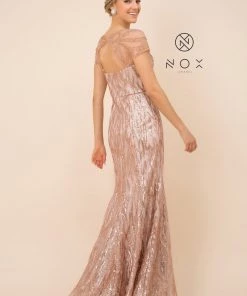 Short Sleeve Sequin Print Trumpet Gown By Nox Anabel T419