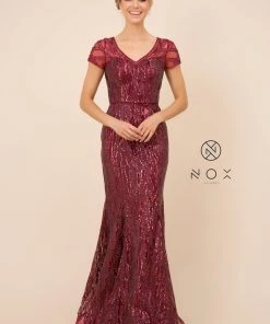Short Sleeve Sequin Print Trumpet Gown By Nox Anabel T419