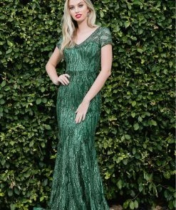 Short Sleeve Sequin Print Trumpet Gown By Nox Anabel T419