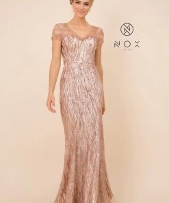 Short Sleeve Sequin Print Trumpet Gown By Nox Anabel T419