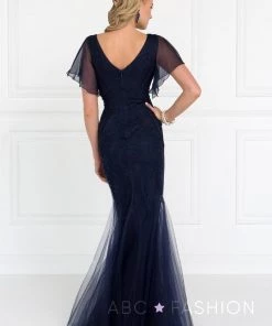 Prom Short-Sleeved Eggplant Mermaid Gown By Elizabeth K GL1576