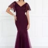 Prom Short-Sleeved Eggplant Mermaid Gown By Elizabeth K GL1576