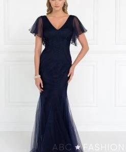 Prom Short-Sleeved Eggplant Mermaid Gown By Elizabeth K GL1576