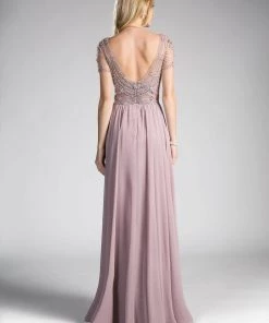 Beaded Short-Sleeve Chiffon Gown By Cinderella Divine CD0123