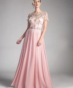 Beaded Short-Sleeve Chiffon Gown By Cinderella Divine CD0123
