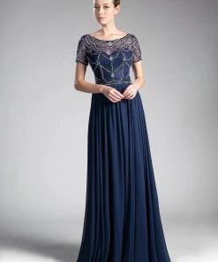 Beaded Short-Sleeve Chiffon Gown By Cinderella Divine CD0123
