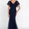 Short-Sleeved Navy Mermaid Gown By Elizabeth K GL1576 Prom