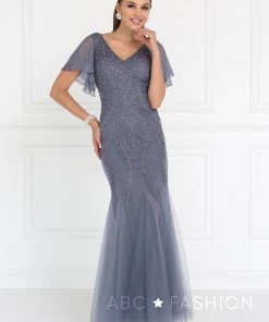 Short-Sleeved Navy Mermaid Gown By Elizabeth K GL1576 Prom
