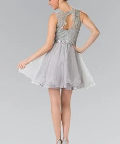 Short Sleeveless Dress With Lace Illusion Top By Elizabeth K GS2375