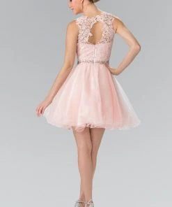 Short Sleeveless Dress With Lace Illusion Top By Elizabeth K GS2375