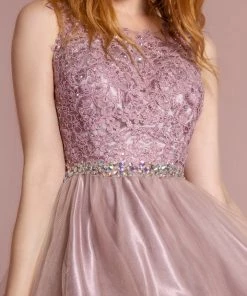 Short Sleeveless Dress With Lace Illusion Top By Elizabeth K GS2375