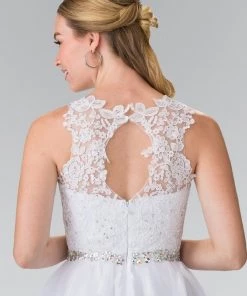 Short Sleeveless Dress With Lace Illusion Top By Elizabeth K GS2375