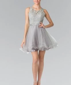 Short Sleeveless Dress With Lace Illusion Top By Elizabeth K GS2375