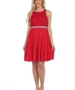 Short Sleeveless Dress With Sequin Lace Bodice By Celavie 6253 Prom