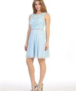 Prom Short Sleeveless Floral Lace Bodice Dress By Celavie 6406
