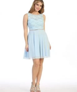 Prom Short Sleeveless Floral Lace Bodice Dress By Celavie 6406