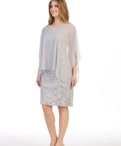 Short Sleeveless Lace Dress With Cape By Celavie 6365