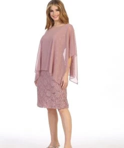Short Sleeveless Lace Dress With Cape By Celavie 6365
