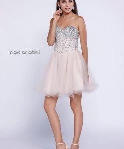 Short Strapless Beaded Boning Cocktail Dress By Nox Anabel 6015 Prom