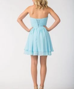 Short Strapless Chiffon Dress With Corset Back By Star Box 6097 Prom