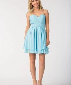 Short Strapless Chiffon Dress With Corset Back By Star Box 6097 Prom