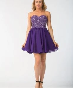 Short Strapless Dress With Beaded Lace Appliques By Star Box 6063-1 Prom