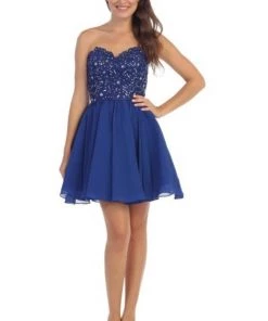 Short Strapless Dress With Beaded Lace Appliques By Star Box 6063-1 Prom