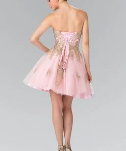 Short Strapless Dress With Gold Lace Applique By Elizabeth K GS2371