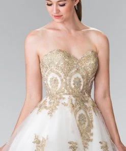 Short Strapless Dress With Gold Lace Applique By Elizabeth K GS2371