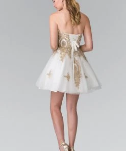 Short Strapless Dress With Gold Lace Applique By Elizabeth K GS2371