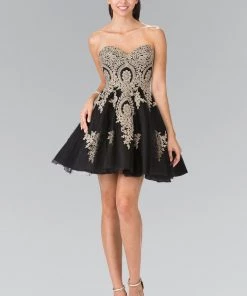 Short Strapless Dress With Gold Lace Applique By Elizabeth K GS2371