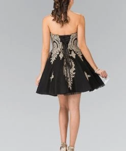 Short Strapless Dress With Gold Lace Applique By Elizabeth K GS2371