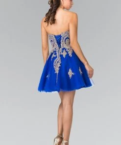 Short Strapless Dress With Gold Lace Applique By Elizabeth K GS2371