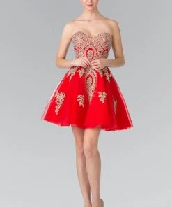 Short Strapless Dress With Gold Lace Applique By Elizabeth K GS2371