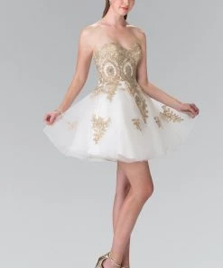 Short Strapless Dress With Gold Lace Applique By Elizabeth K GS2371