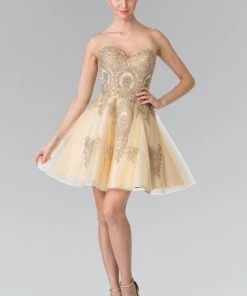Short Strapless Dress With Gold Lace Applique By Elizabeth K GS2371