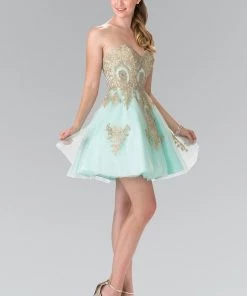 Short Strapless Dress With Gold Lace Applique By Elizabeth K GS2371
