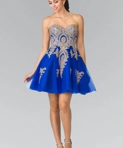 Short Strapless Dress With Gold Lace Applique By Elizabeth K GS2371