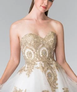 Short Strapless Dress With Gold Lace Applique By Elizabeth K GS2371