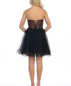 Prom Short Strapless Dress With Sheer Applique Bodice By Celavie 5013 14 Prom Short Strapless Dress With Sheer Applique Bodice By Celavie 5013