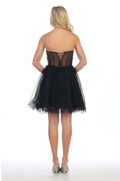 Prom Short Strapless Dress With Sheer Applique Bodice By Celavie 5013 8 Prom Short Strapless Dress With Sheer Applique Bodice By Celavie 5013