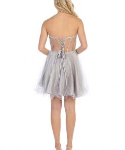 Prom Short Strapless Dress With Sheer Applique Bodice By Celavie 5013 12 Prom Short Strapless Dress With Sheer Applique Bodice By Celavie 5013