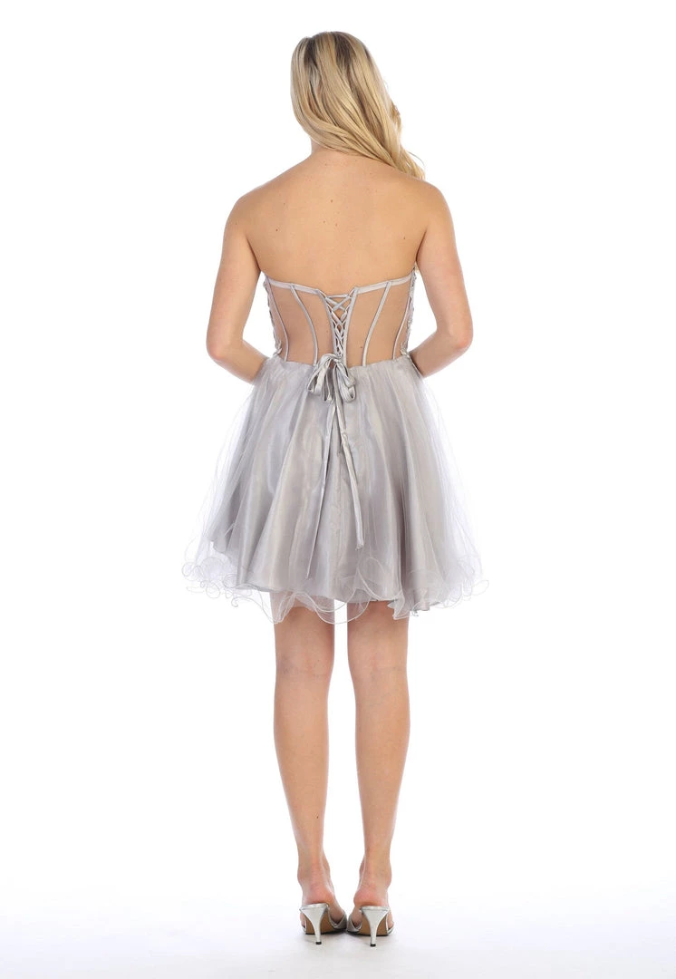 Prom Short Strapless Dress With Sheer Applique Bodice By Celavie 5013 6 Prom Short Strapless Dress With Sheer Applique Bodice By Celavie 5013